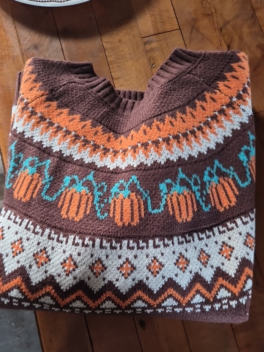 Cozy Brown V-Neck Pumpkin Fair Isle Sweater - Women